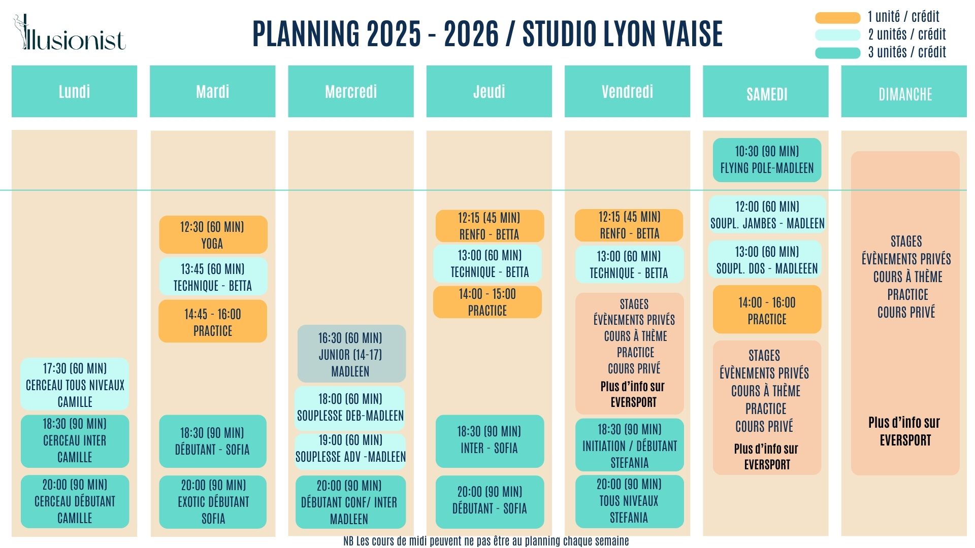 Planning Pole Dance et Disciplines Aériennes Lyon Valmy