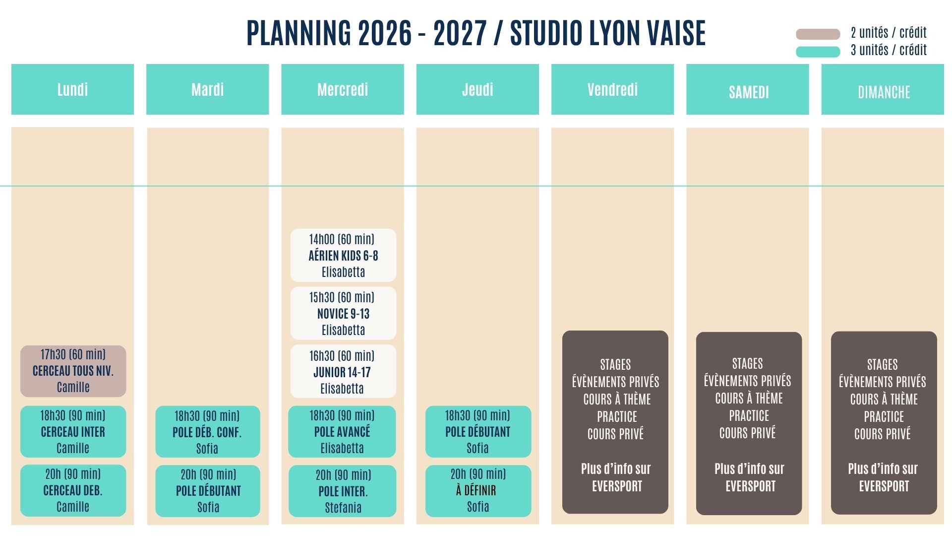 Planning Pole Dance et Cerceau Aérien Illusionist 2026 2027