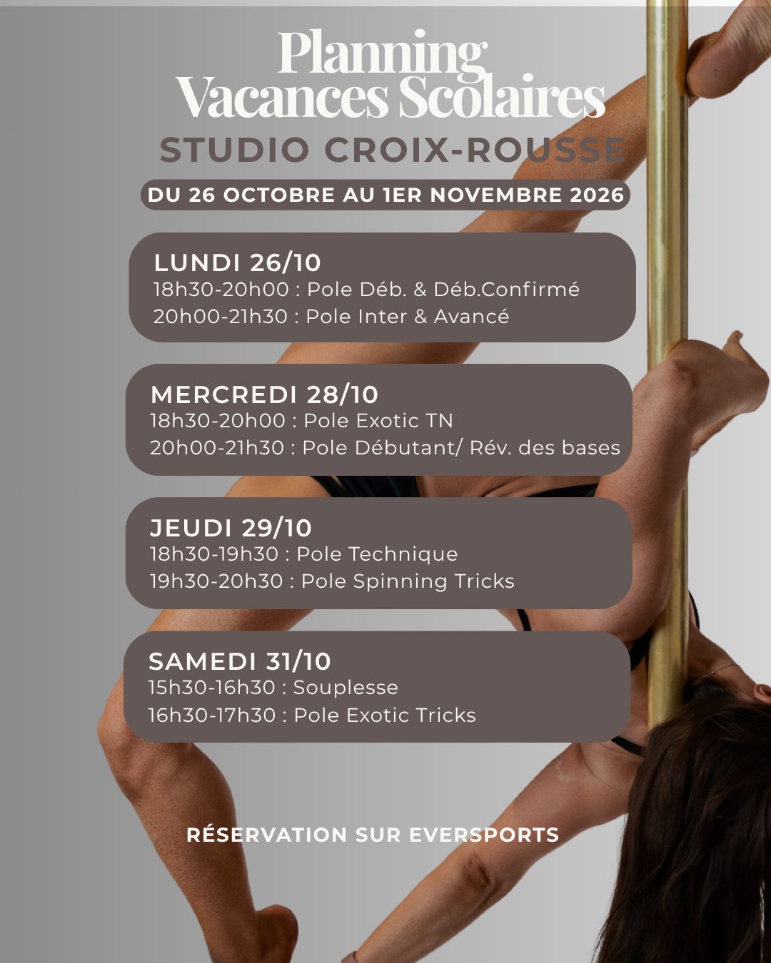 Planning Croix Rousse Pole Dance Cours Vacances Toussaint