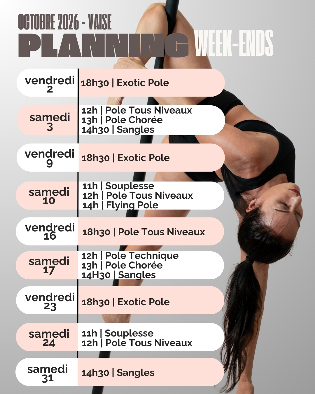 cours pole dance week-end octobre 2026 Vaise
